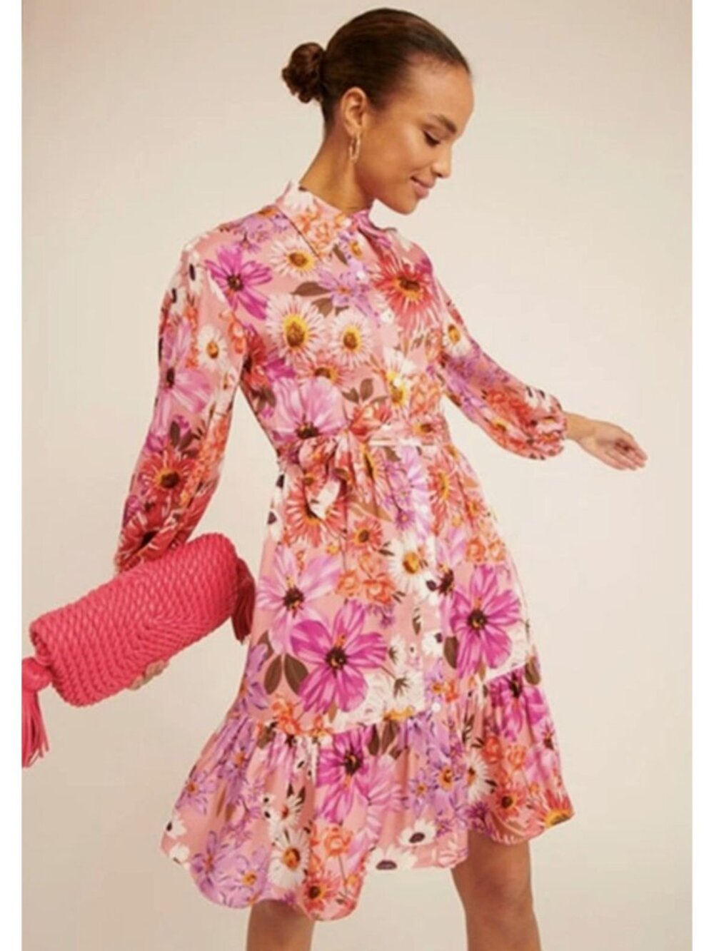 Rachel Parcell Belted Floral Long Sleeve Tiered Shirtdress Botanical Floral 4